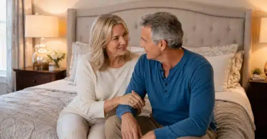 Affectionate couple over 50 discussing intimacy after menopause