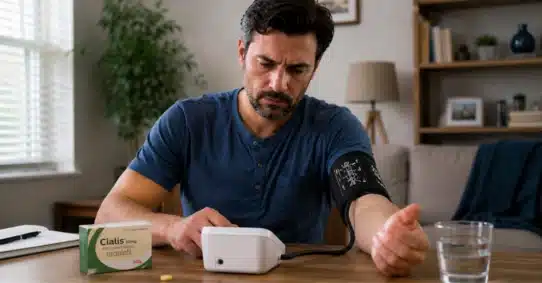 Man checking low blood pressure after taking Cialis