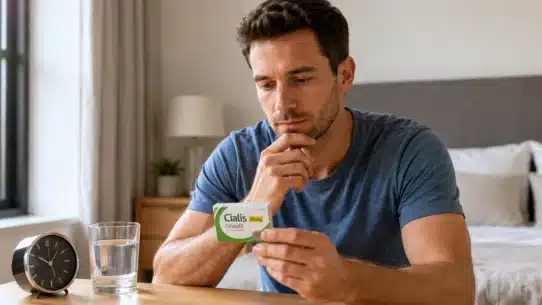 Man reading Cialis package beside clock and water