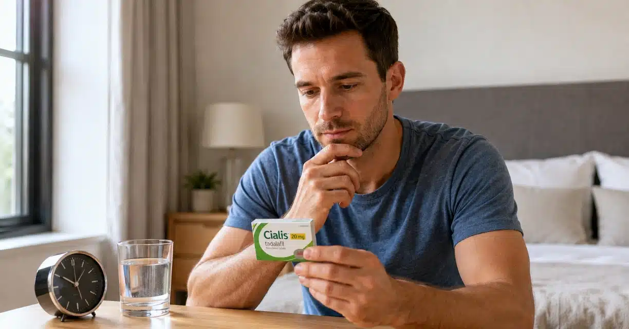 Man reading Cialis package beside clock and water