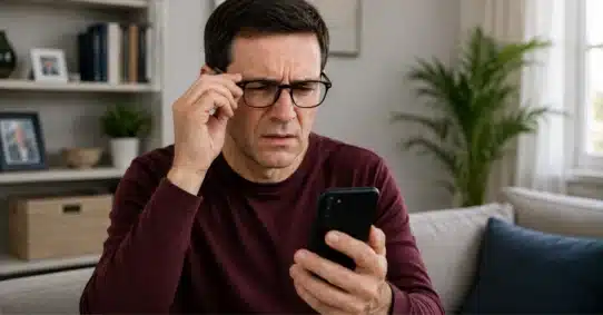 Man struggling to read smartphone due to blurry vision