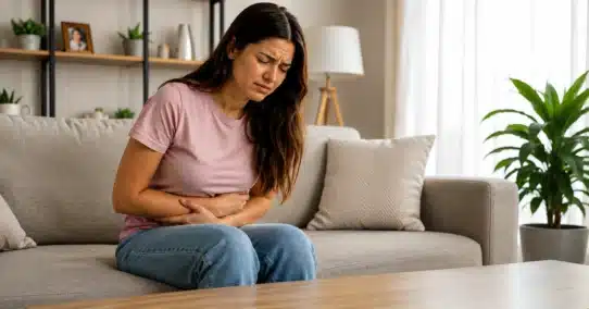 Woman experiencing worsening PMS cramps and abdominal pain