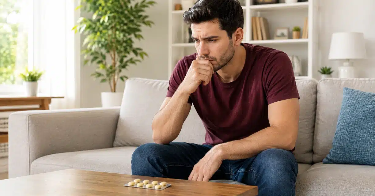 Worried man considering whether tadalafil increases penis size