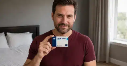 Man checking Viagra package expiration and storage information