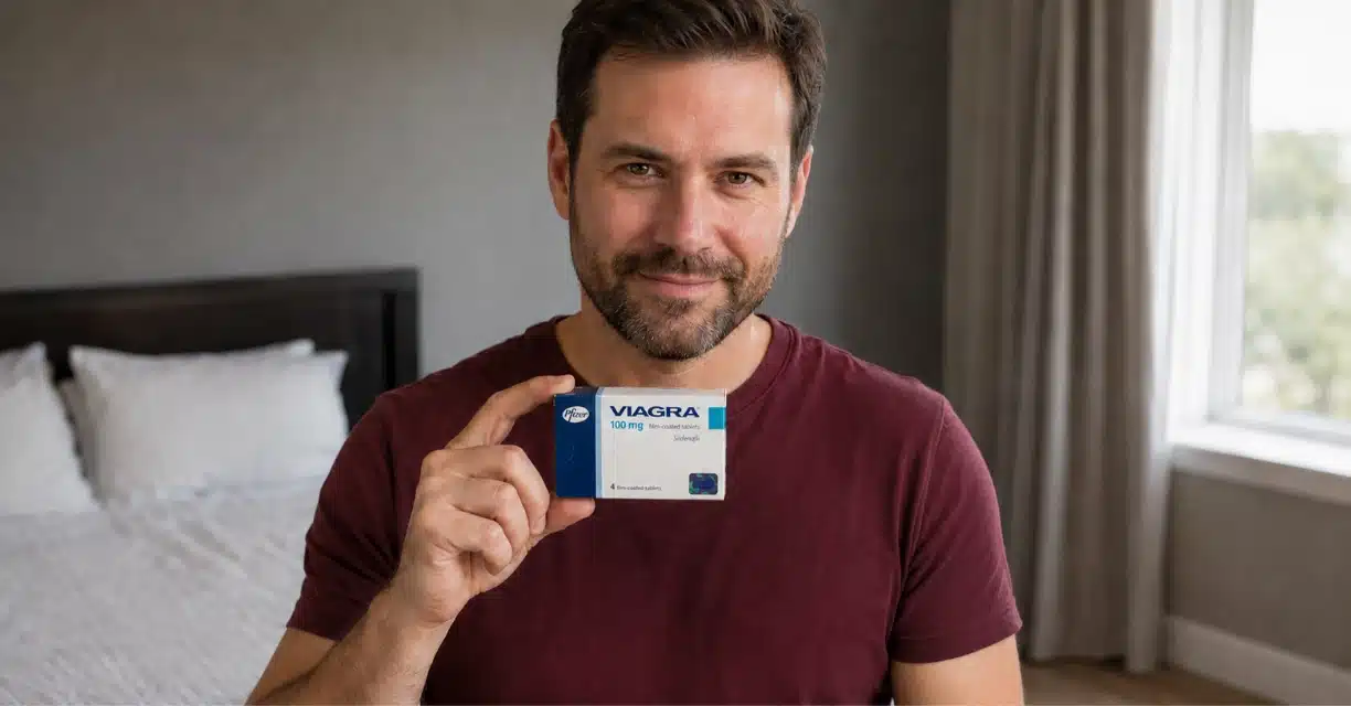 Man checking Viagra package expiration and storage information