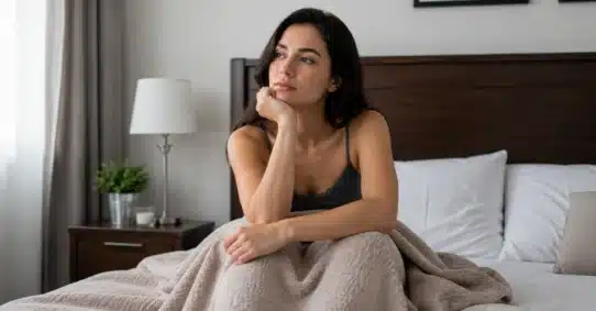 Thoughtful woman learning about female ejaculation in bedroom