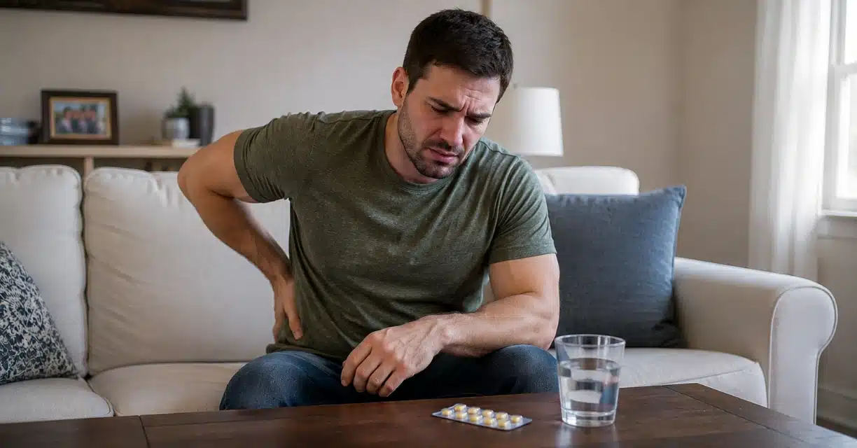 Man experiencing side pain beside tadalafil tablets and water