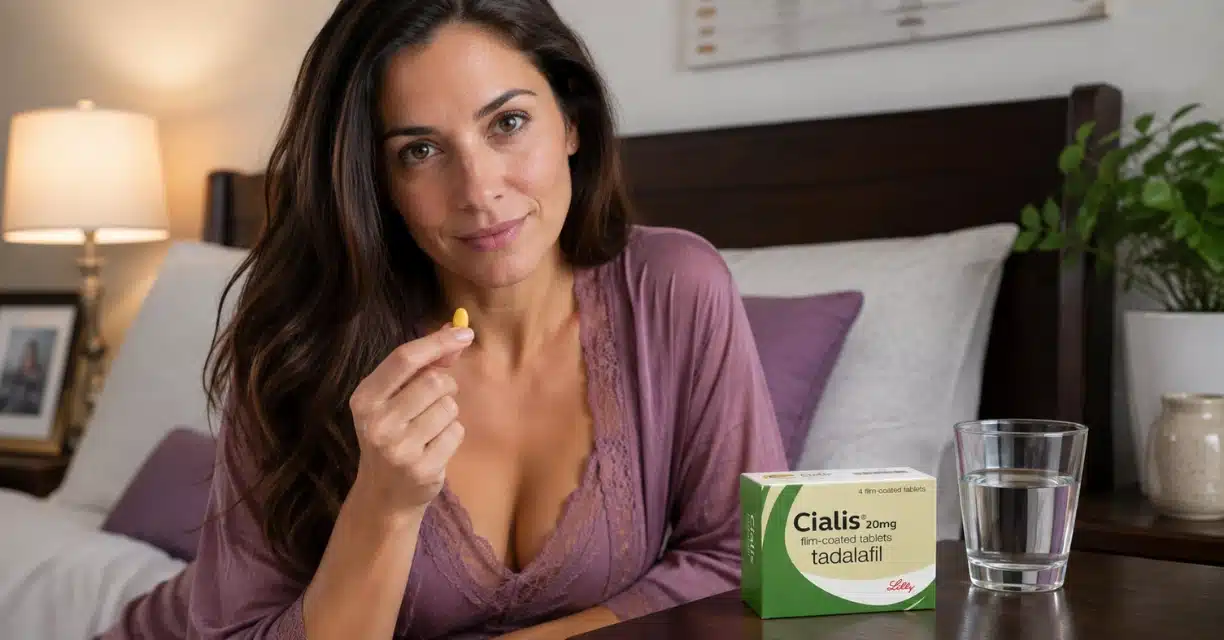 Woman holding Cialis while exploring its use for women