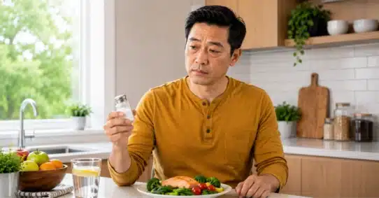 Man checking salt shaker while considering puffy eyes