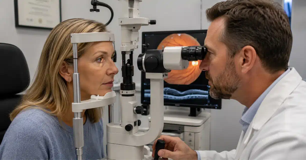Eye doctor examining floaters after cataract surgery