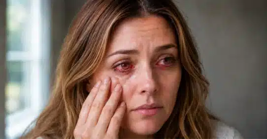 Woman with red watery eyes rubbing irritated skin