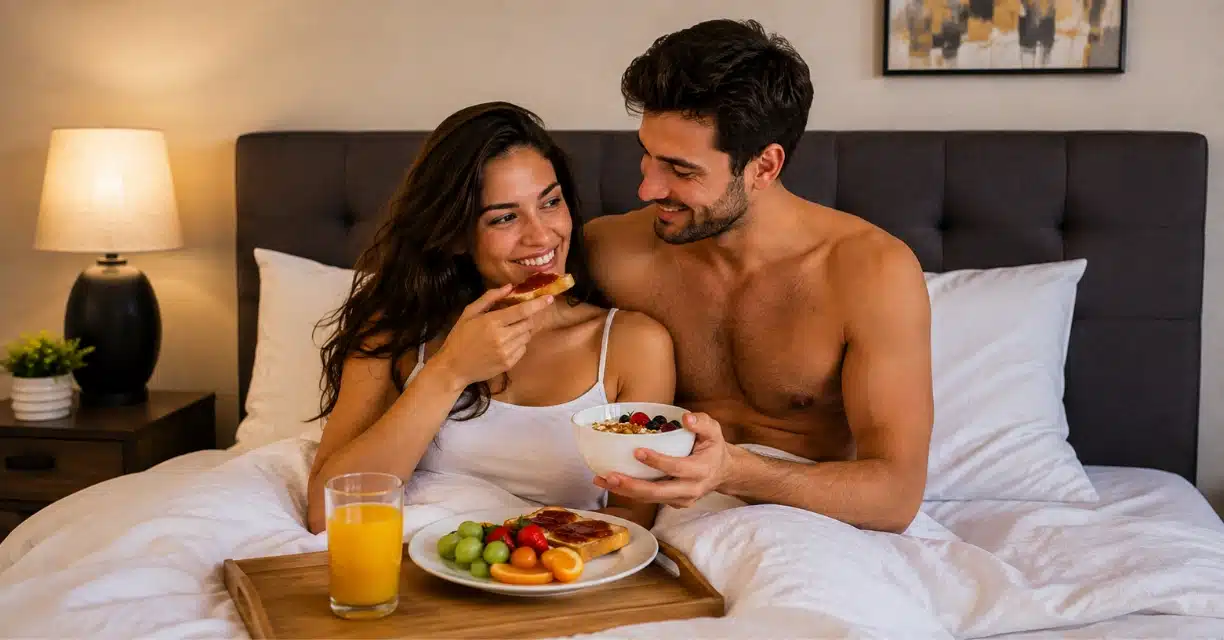 Couple eating fruit after sex due to increased hunger