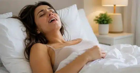 Woman resting in bed while learning about female ejaculation
