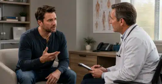 Man asking doctor how orgasm remains possible with ED