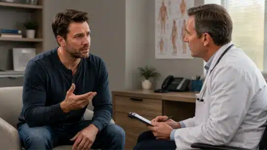 Man asking doctor how orgasm remains possible with ED