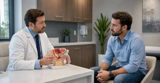 Doctor explaining ejaculation using male reproductive anatomy model