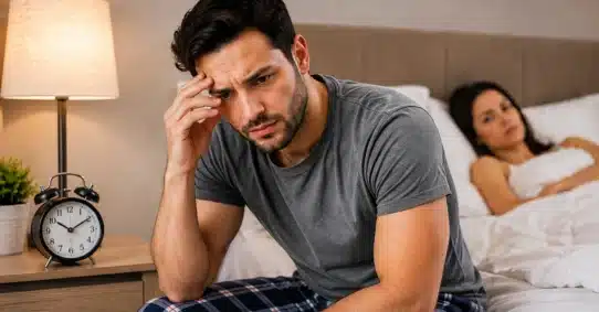 Man worried about erection duration beside bedside clock