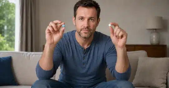 Man comparing tamsulosin and Viagra tablets for differences
