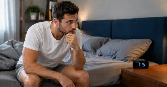 Man checking morning erection beside digital bedside clock
