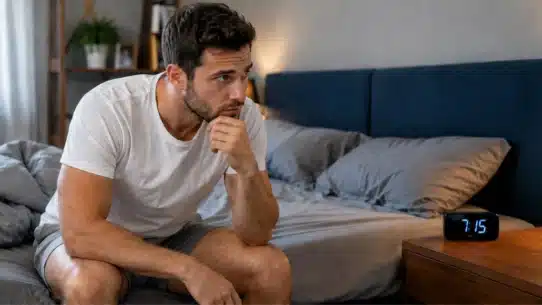 Man checking morning erection beside digital bedside clock