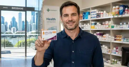 Man holding Levitra inside Brisbane pharmacy