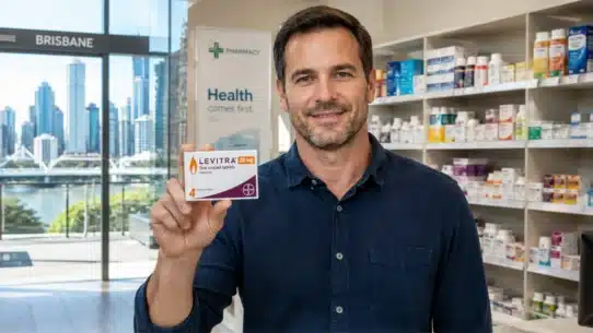 Man holding Levitra inside Brisbane pharmacy