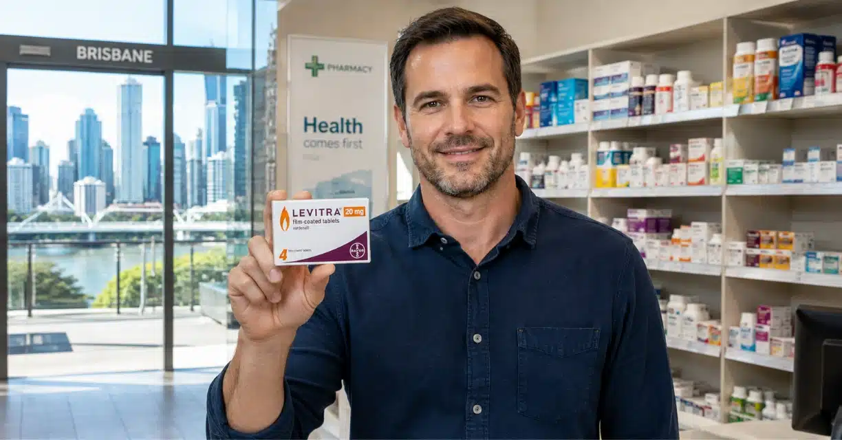 Man holding Levitra inside Brisbane pharmacy