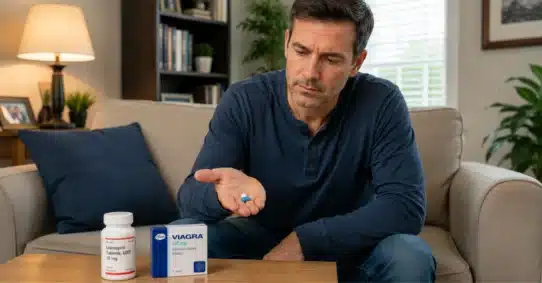 Man comparing lisinopril and Viagra before taking them together