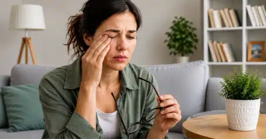 Woman rubbing painful eye while holding eyeglasses