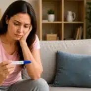 Worried woman checking pregnancy test while facing PCOS-related infertility