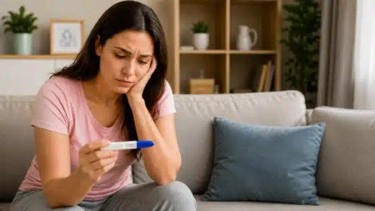 Worried woman checking pregnancy test while facing PCOS-related infertility
