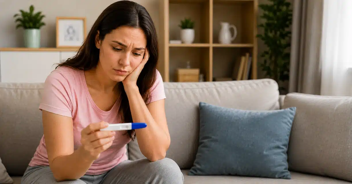Worried woman checking pregnancy test while facing PCOS-related infertility