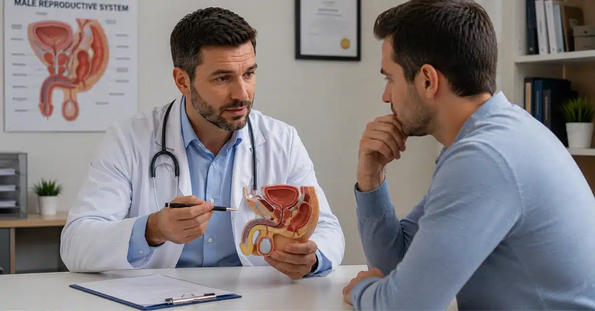 Doctor explaining penile erection mechanism with anatomy model
