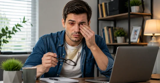 Man rubbing blurry pink eye while using laptop