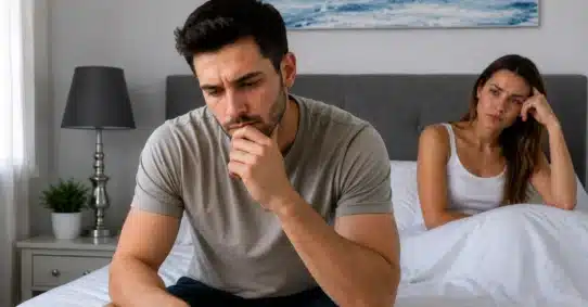 Worried couple discussing pre-ejaculation fluid and pregnancy risk