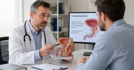 Doctor explaining prostate ejaculation with pelvic anatomy model