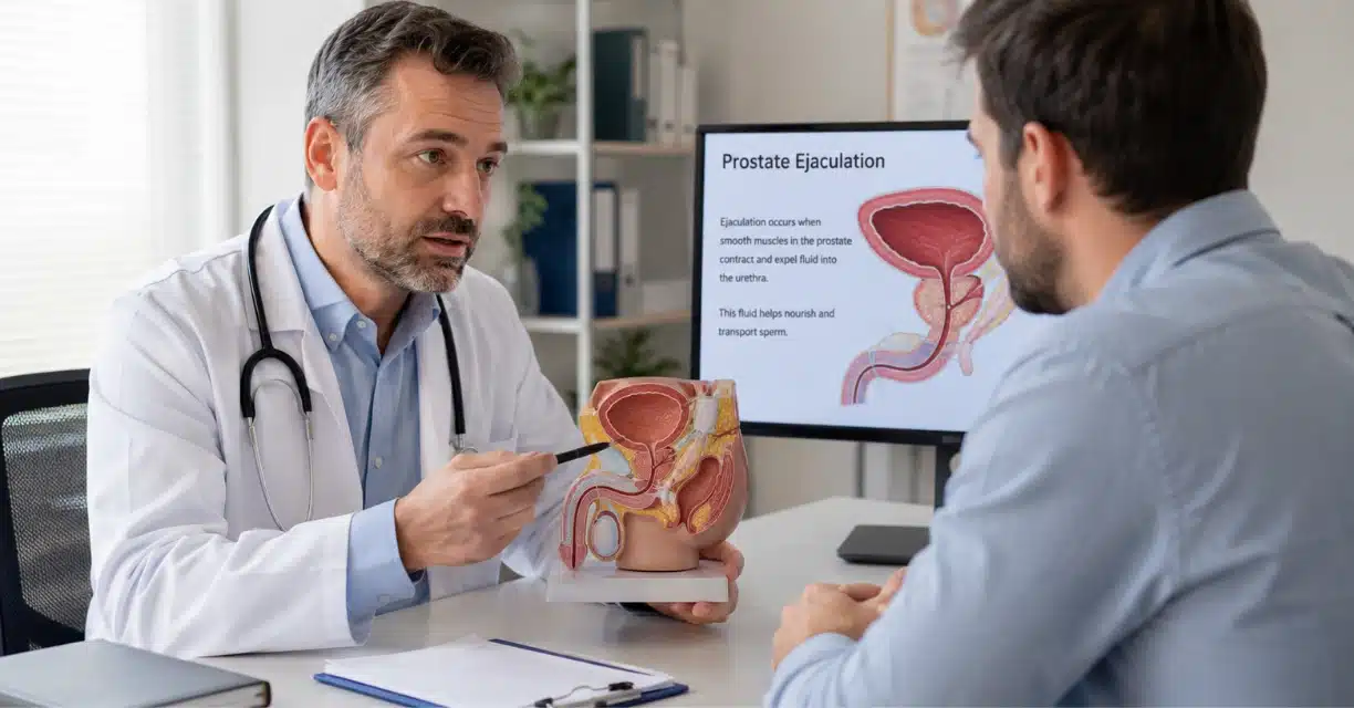Doctor explaining prostate ejaculation with pelvic anatomy model