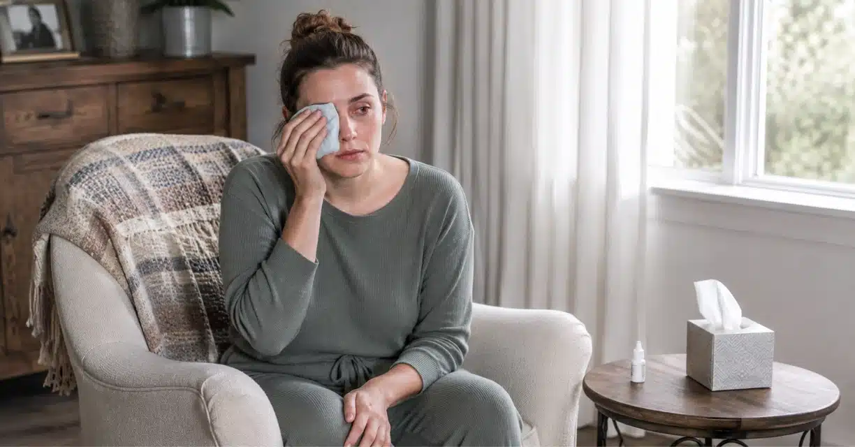 Woman treating red swollen eye with a cool compress