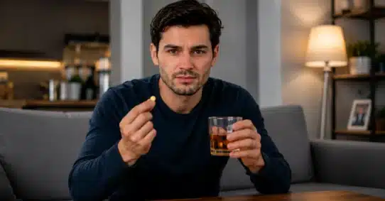 Man holding tadalafil pill and alcohol before combining them