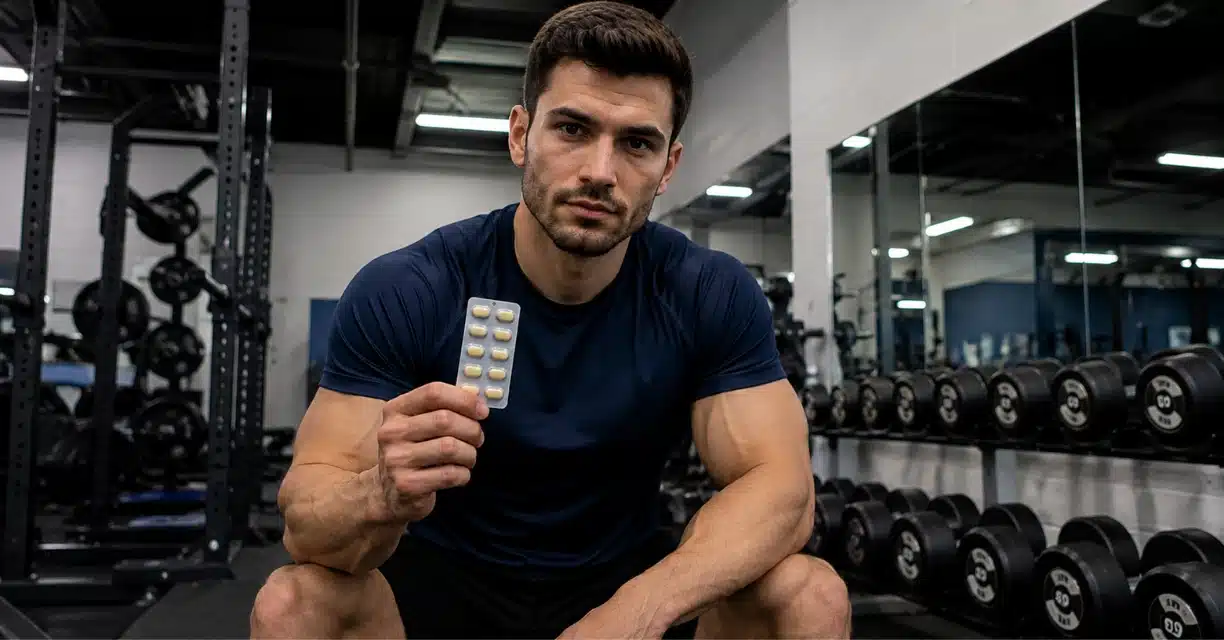 Bodybuilder holding tadalafil blister pack inside gym