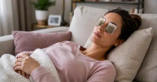 Woman resting with tea bags applied over pink eyes