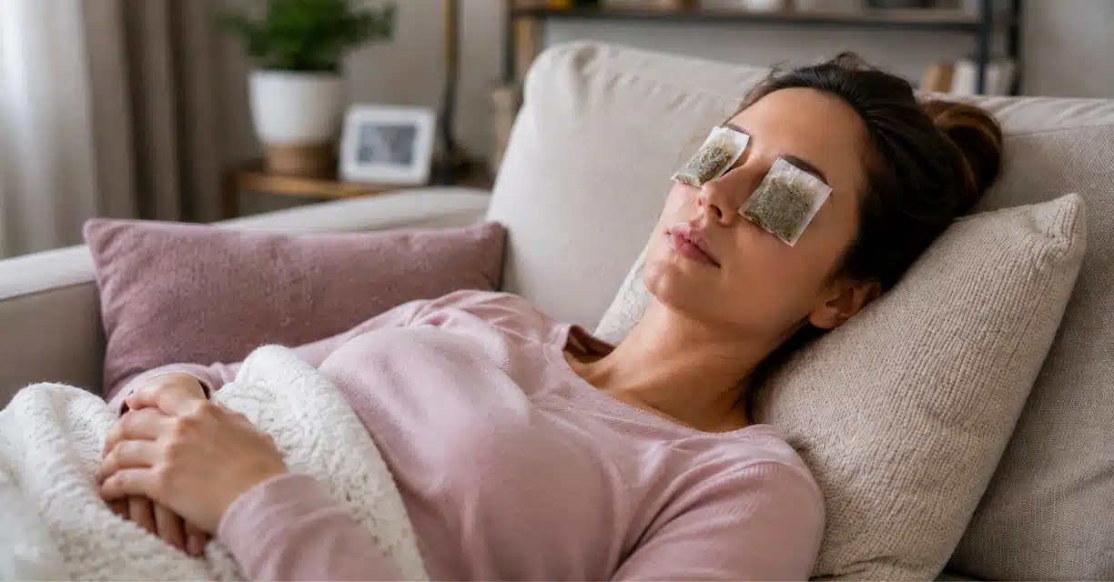 Woman resting with tea bags applied over pink eyes