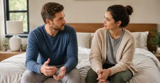 Couple discussing ejaculation differences in men and women