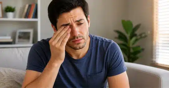 Man experiencing eye pain and sensitivity to light