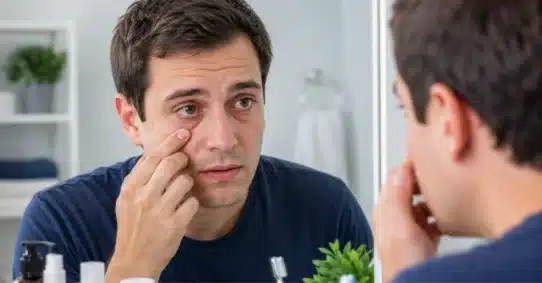 Man examining puffy eyes linked to hypothyroidism