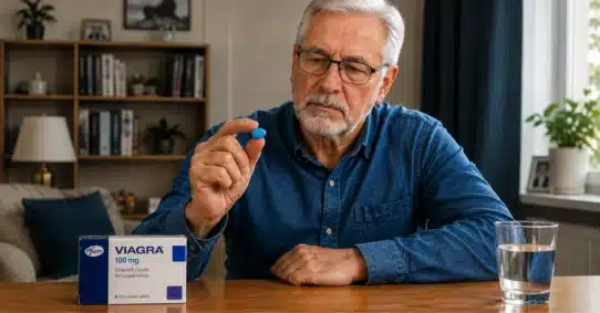 Senior man holding Viagra while considering age-related safety