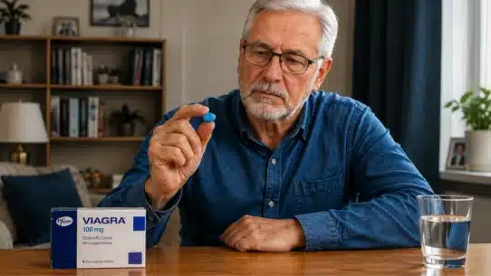 Senior man holding Viagra while considering age-related safety