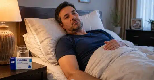 Man resting after surgery with Viagra box nearby