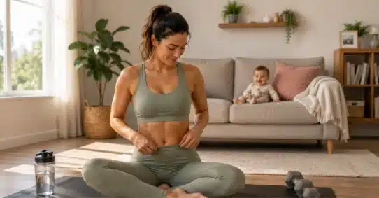 Woman exercising at home for healthy weight loss after pregnancy