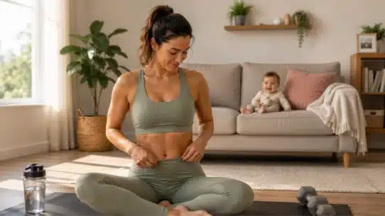 Woman exercising at home for healthy weight loss after pregnancy